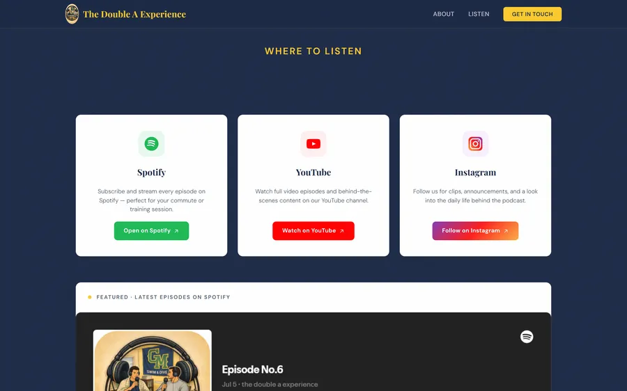 Bereich „Where to listen“ mit Spotify-, YouTube- und Instagram-Karten